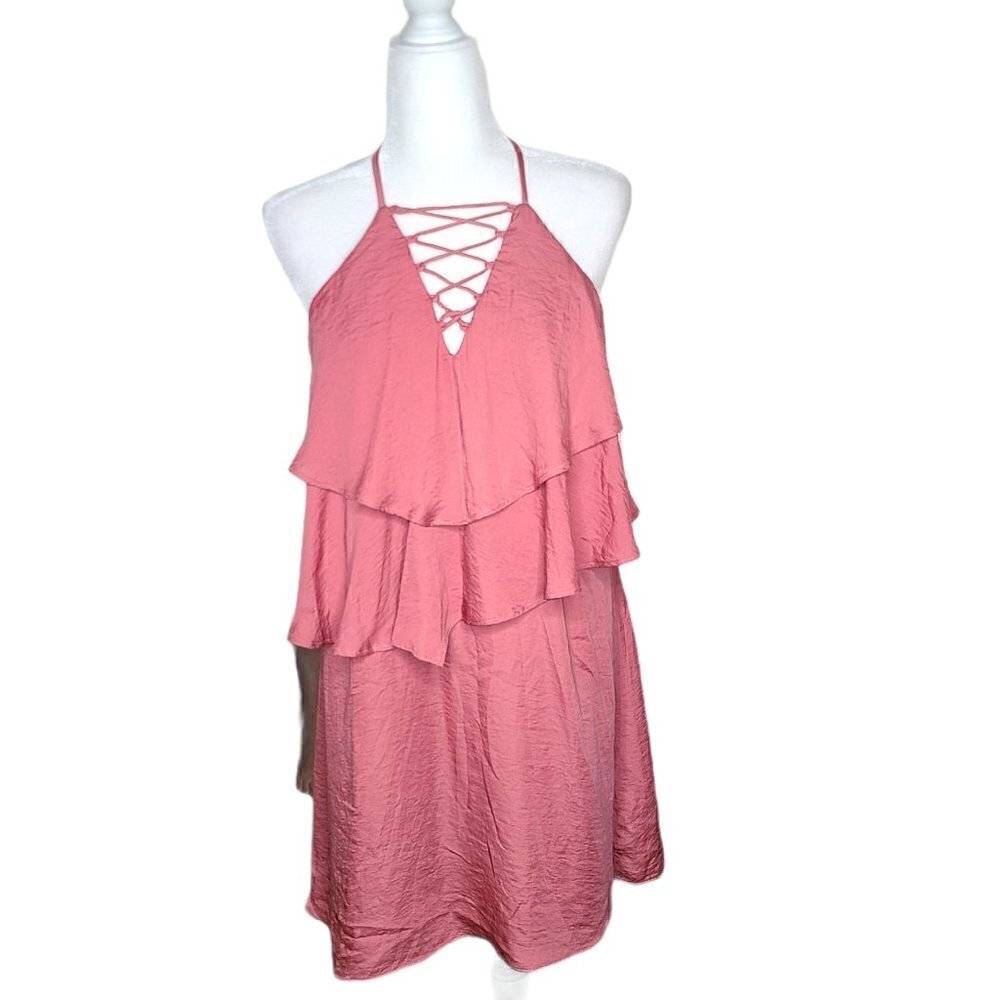 NWT ENTRO Old Rose Pink Ruffle Lace Up Shift Dress